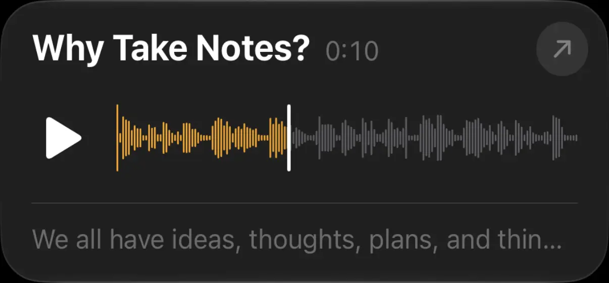 A Notice2 audio recording block titled Meeting, one minute long, with a waveform