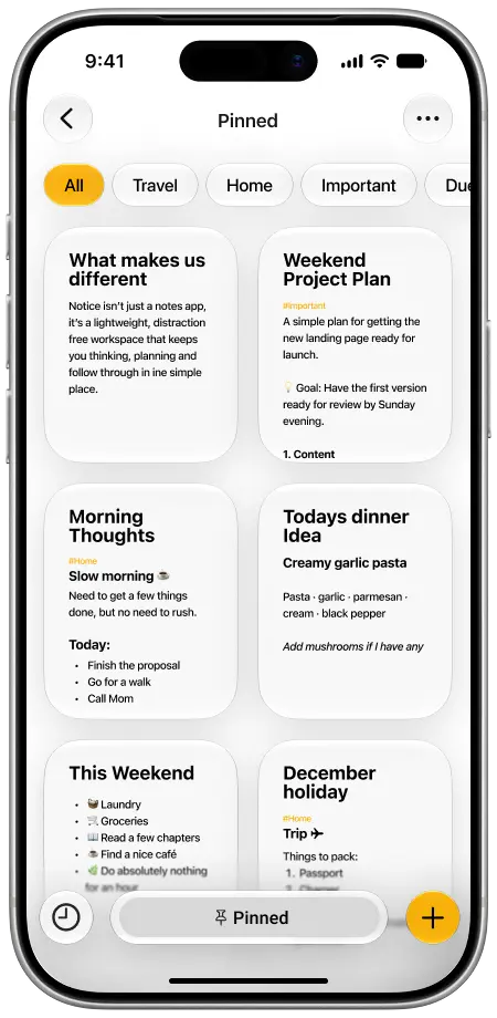 Notice2 on iPhone showing pinned notes as cards